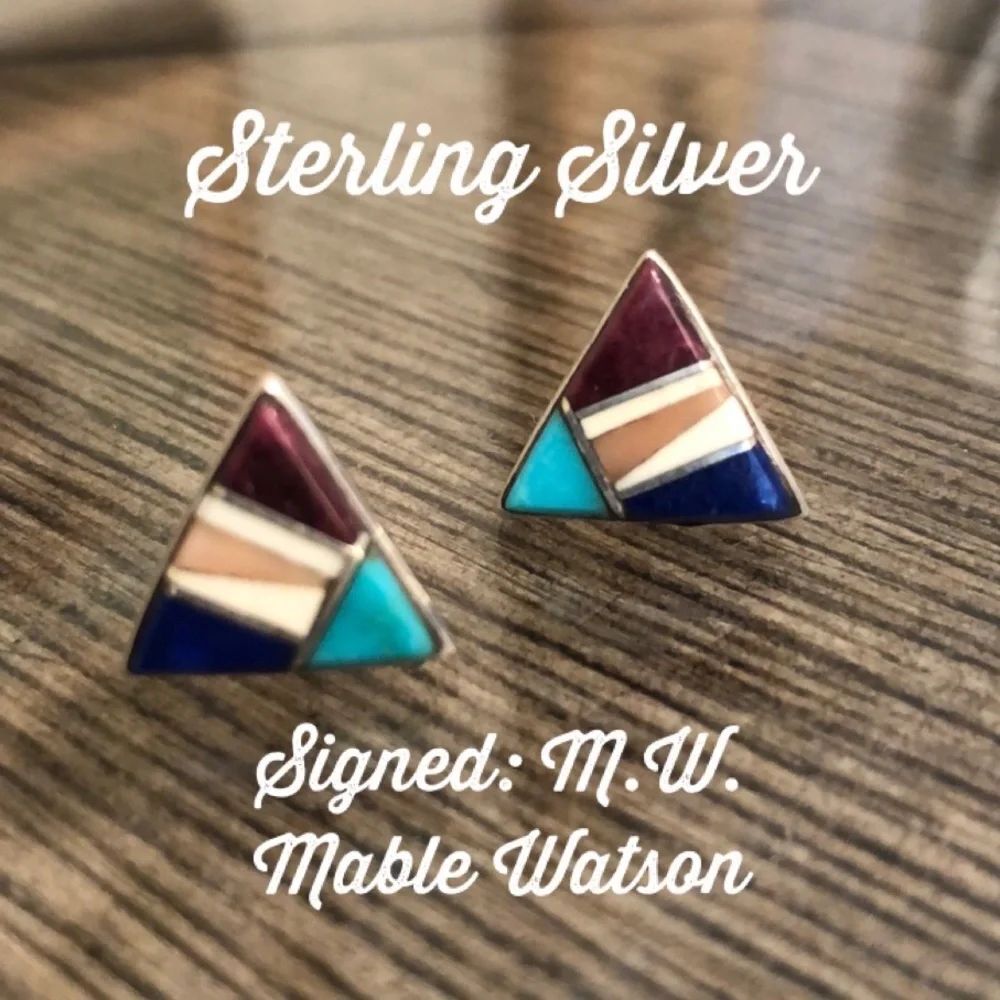 Vintage Zuni Inlayed Triangle Earrings by Mable Watson, Signed